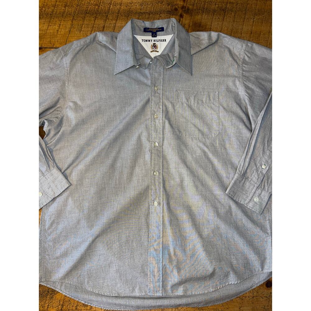 Mens Tommy Hilfiger‎ Gray Blue Long Sleeve Button Down Dress Shirt Size 17 34-35